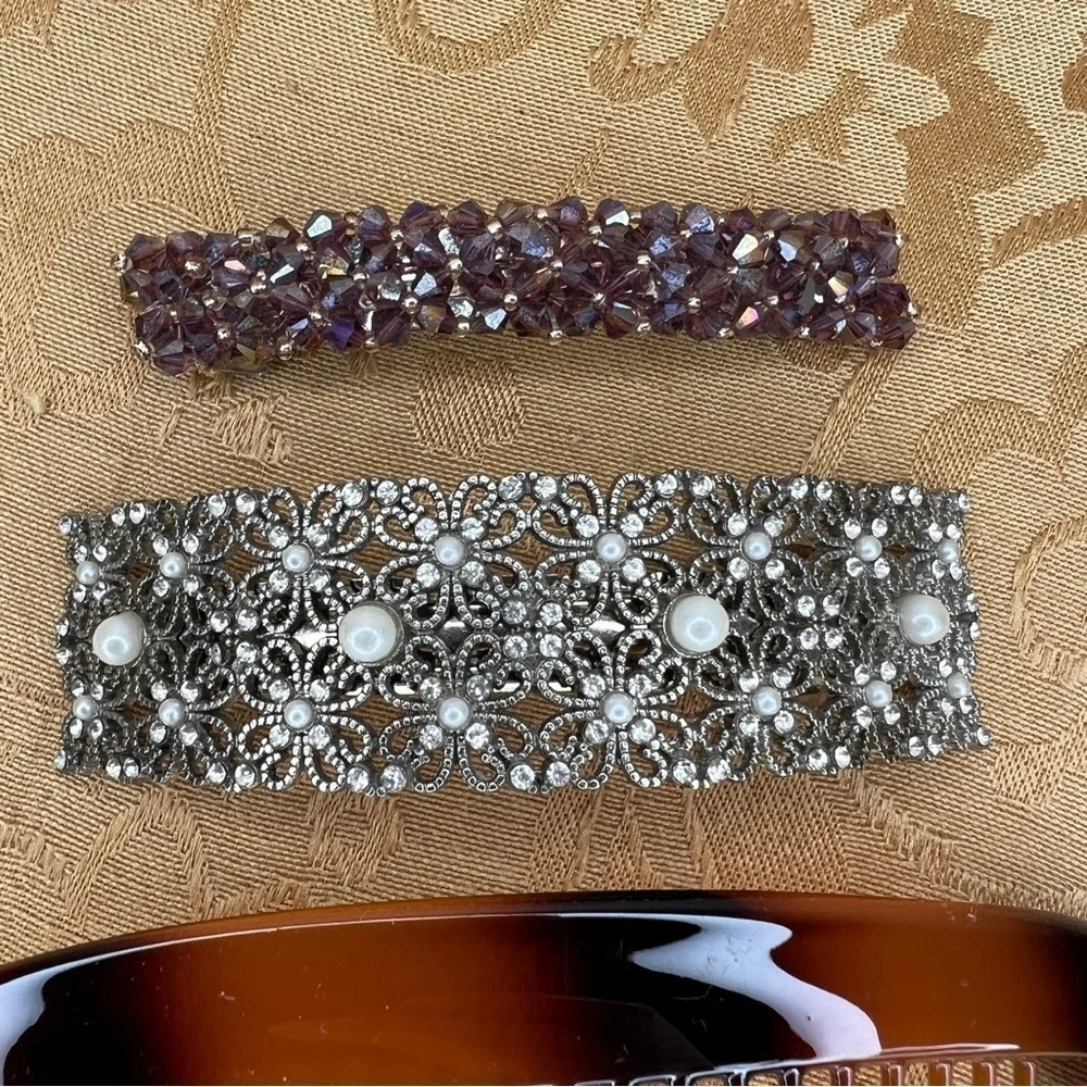Set Of 3 Hair Accessories Lot Tortoise Glam Rhinestone Gemstone Clip In Event